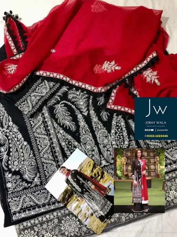 zaha-hania-amir-black-and-red-lawn-embroidered-3-pcs suit-Free-delivery-joraywala ​