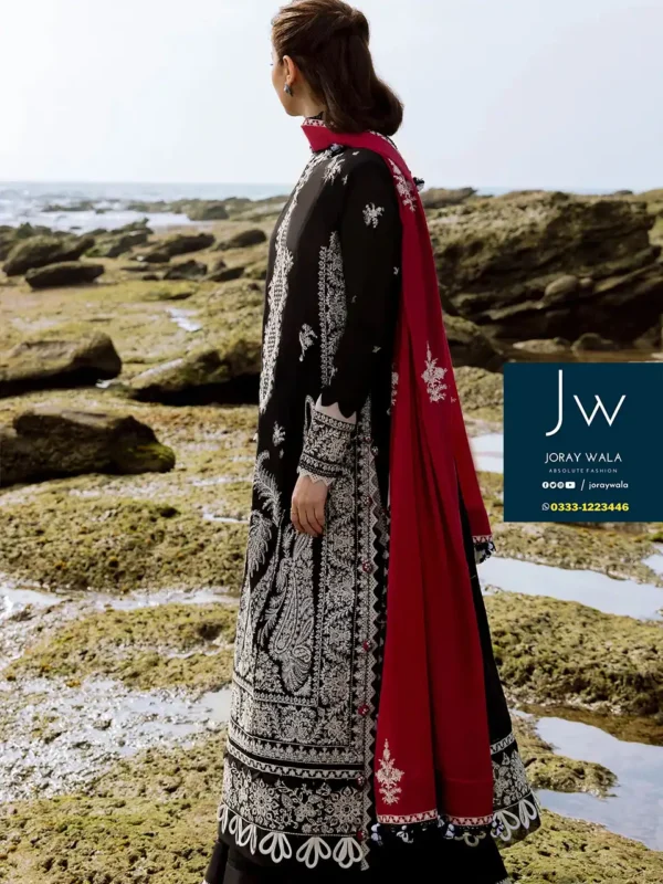 zaha-hania-amir-black-and-red-lawn-embroidered-3-pcs suit-Free-delivery-joraywala ​