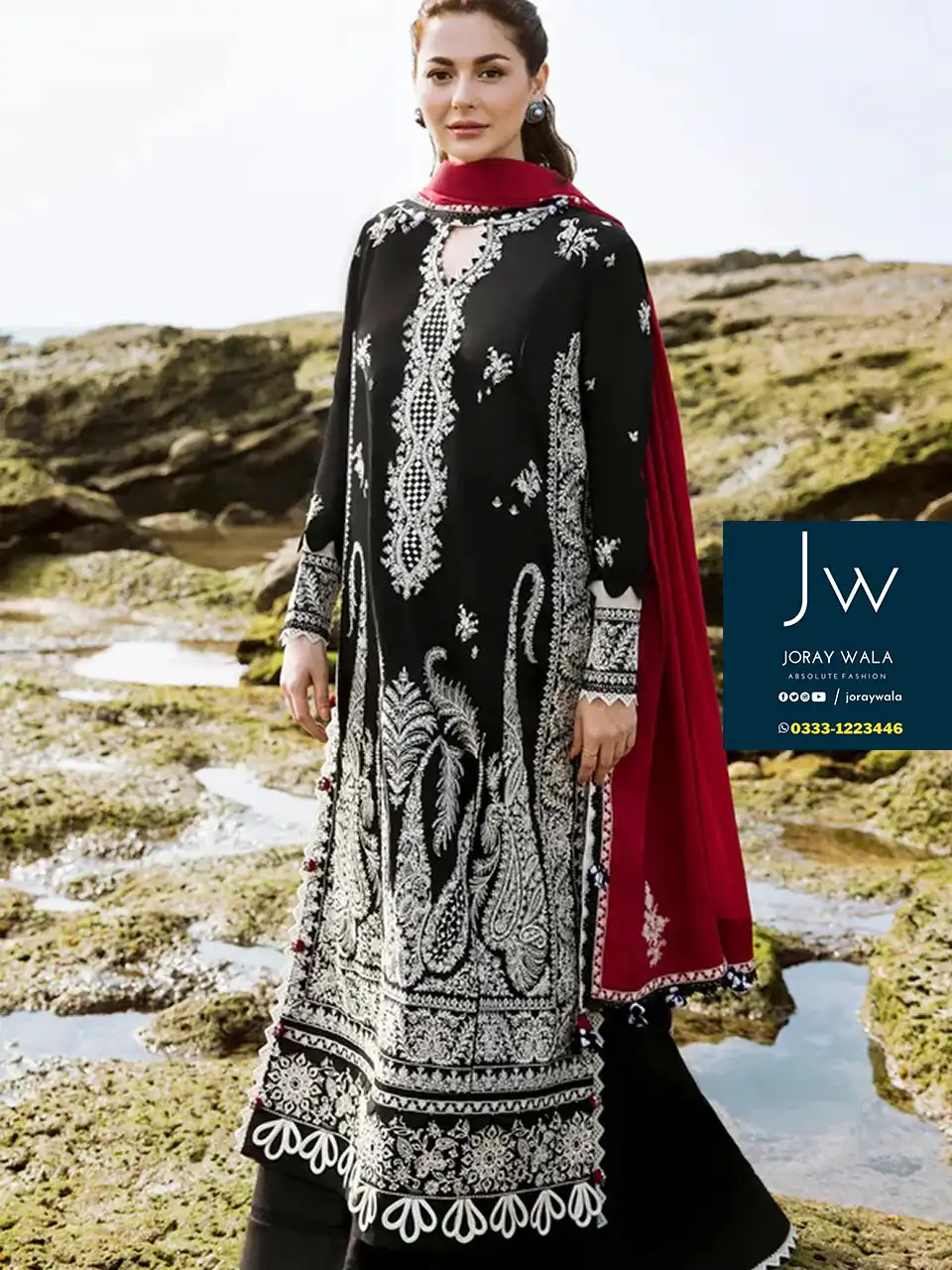 zaha-hania-amir-black-and-red-lawn-embroidered-3-pcs suit-Free-delivery-joraywala ​