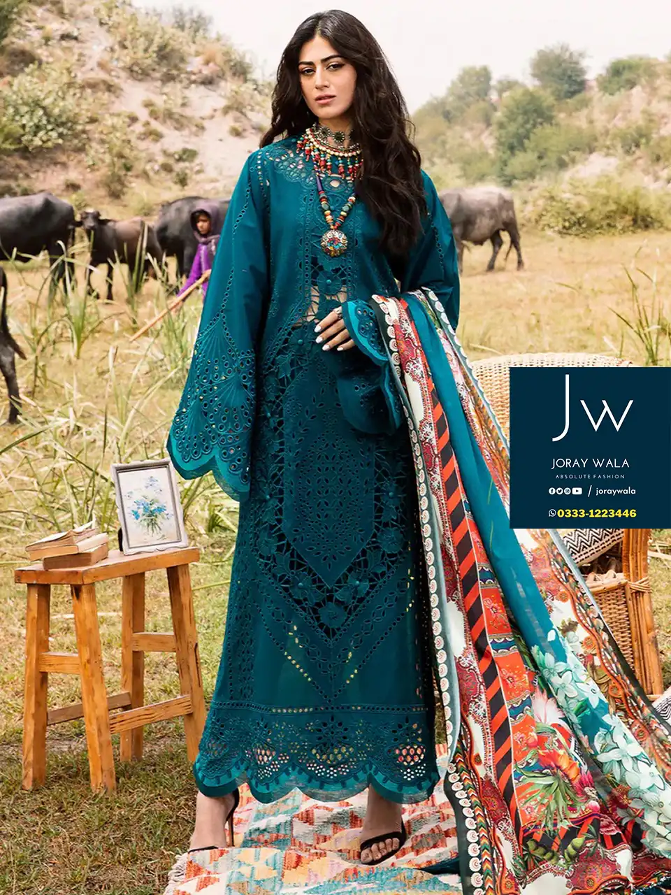 Partywear-fancy-Bin-ilyas-embroidered -lawn-3-piece- unstitched-suit--with-free-DC