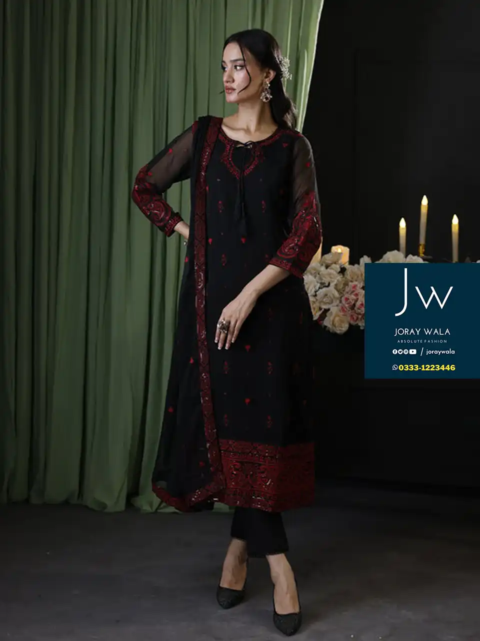 Fancy-partywear-designer-black-chiffon-3-pcs-suit-with-free-delivery-joraywala ​