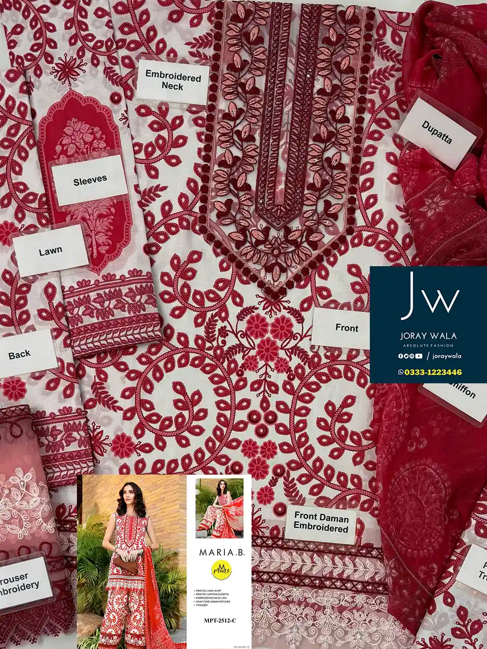 Fancy lawn 3 Pcs suit Red with heavy embdoidery
