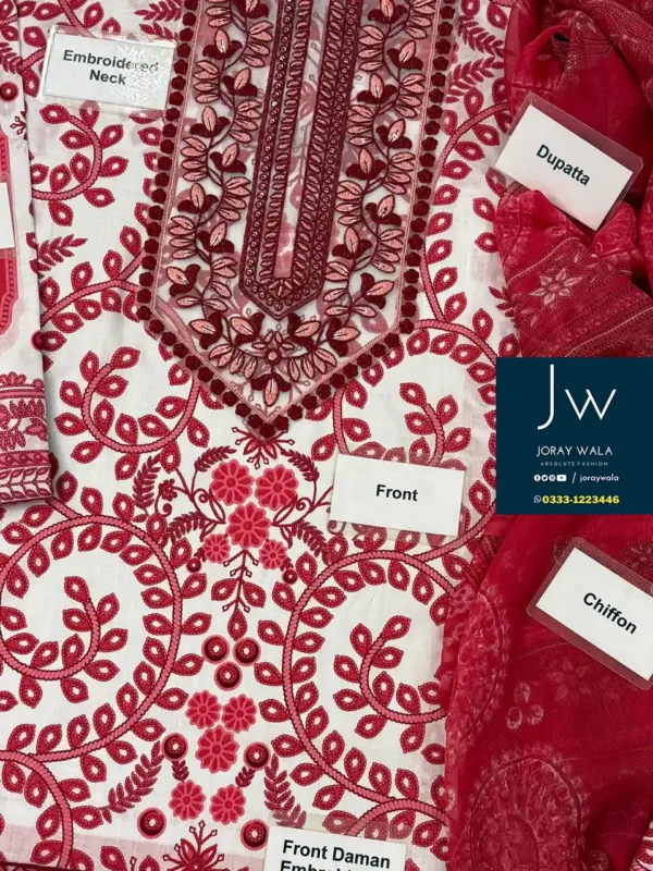 Fancy lawn 3 Pcs suit Red with heavy embdoidery