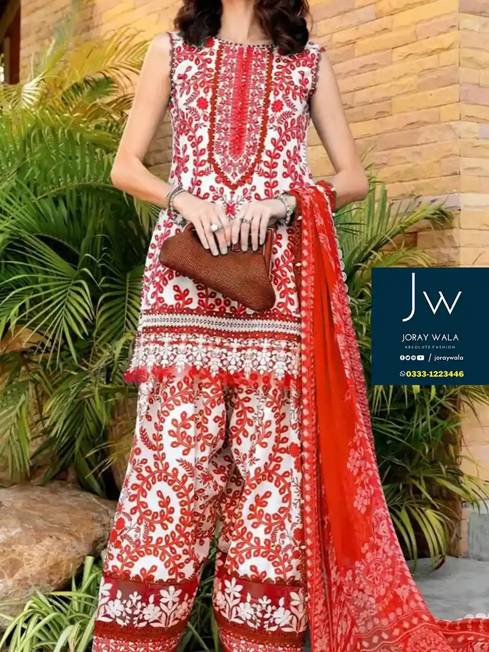 Fancy lawn 3 Pcs suit Red with heavy embdoidery