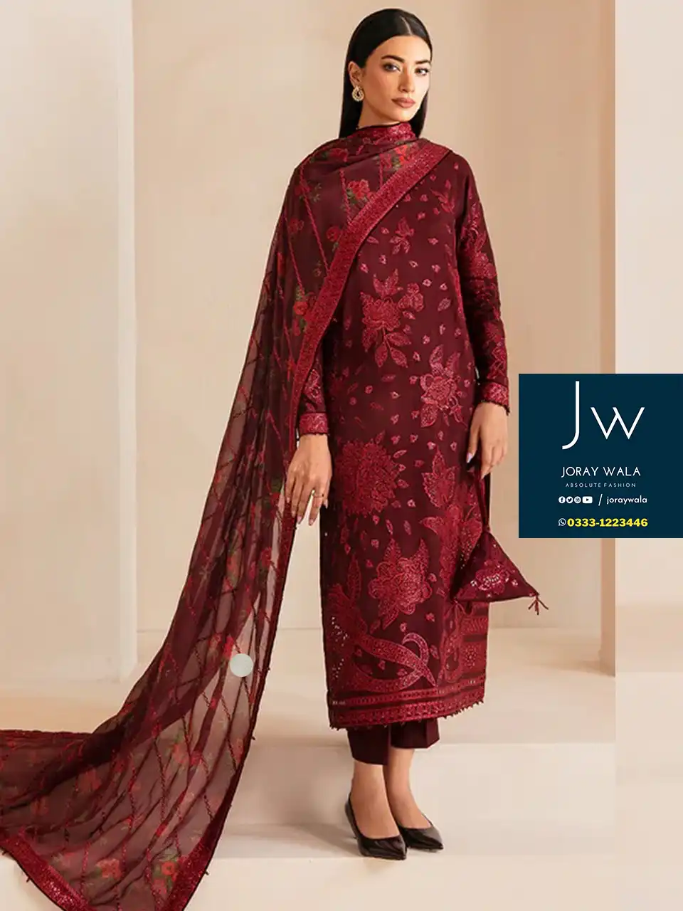 Partywear-Fancy Jazmin-Semi Pure-chiffon-EC -Maroon-free delivery-joraywala