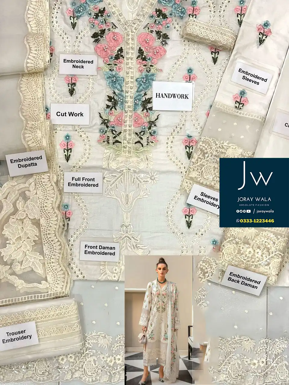 Fancy-cotton-lawn-Pearl-white-Chickankari -Embroidered-3-Pcs-Suit-with-free-delivery-joraywala _