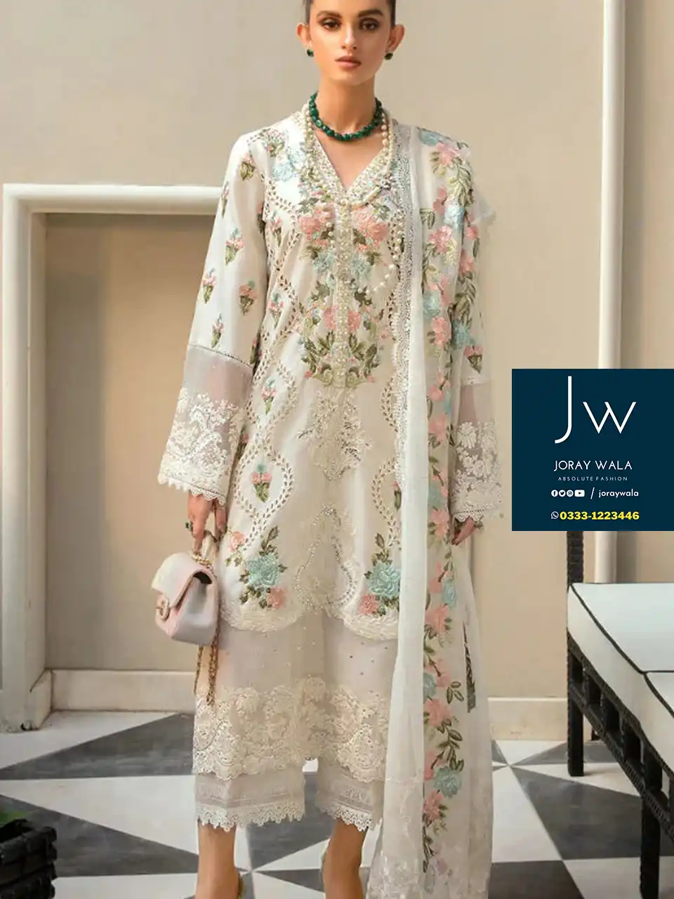 Fancy-cotton-lawn-Pearl-white-Chickankari -Embroidered-3-Pcs-Suit-with-free-delivery-joraywala _