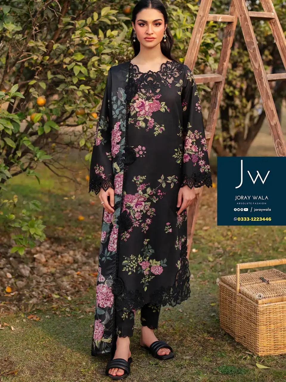 Fancy printed lawn 3pcs unstitched suit black floral