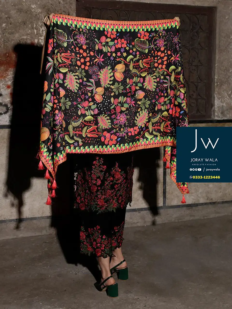Fancy lawn collection chickankari black 3 pcs suit available with free DC all over Pakistan at joraywala ​