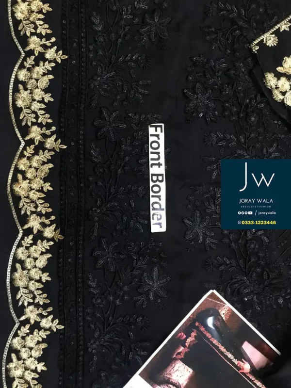 Partywear fancy embroidered 3 pcs chiffon suit model wearing black beautiful suit with free delivery joraywala