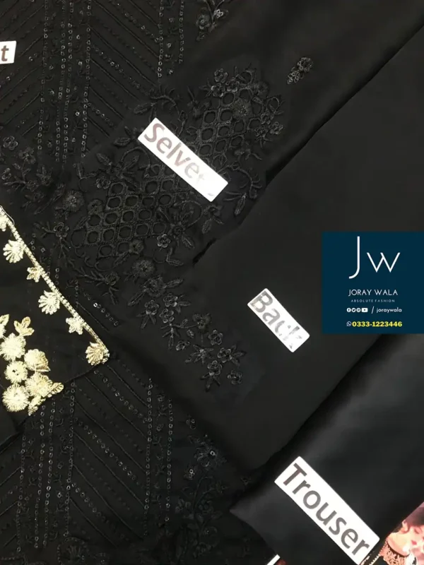Partywear fancy embroidered 3 pcs chiffon suit model wearing black beautiful suit with free delivery joraywala