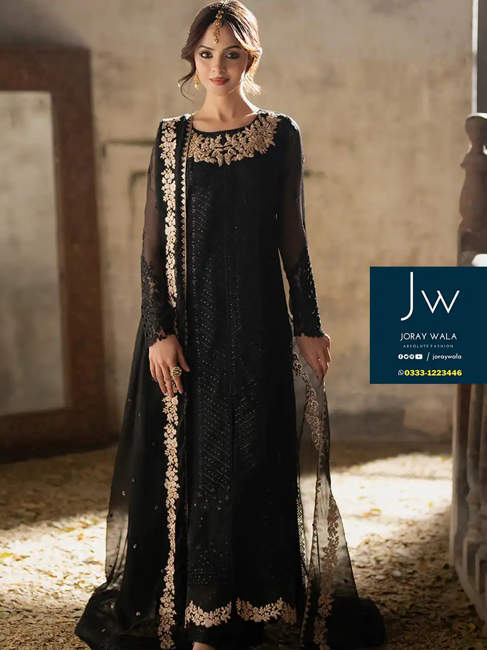 Partywear fancy embroidered 3 pcs chiffon suit model wearing black beautiful suit with free delivery joraywala