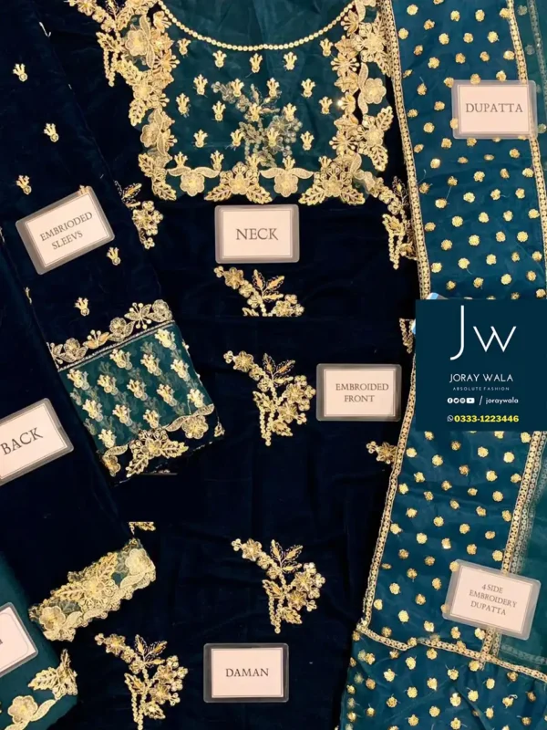 Partywear fancy velvet 3 pcs suit Blue embroidery with fancy dupatta