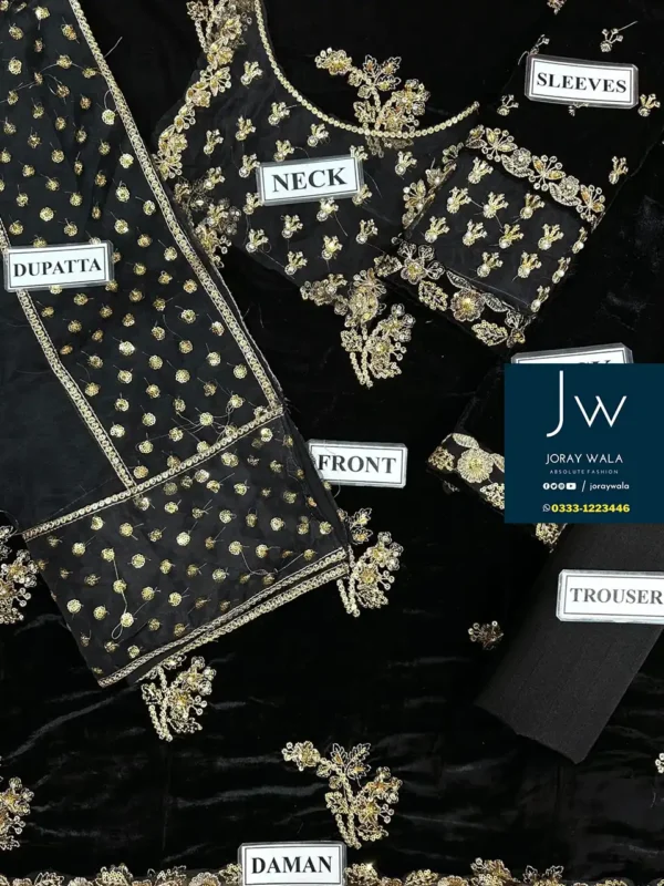 Partywear fancy velvet 3 pcs suit Black embroidery with fancy dupatta available at joraywala