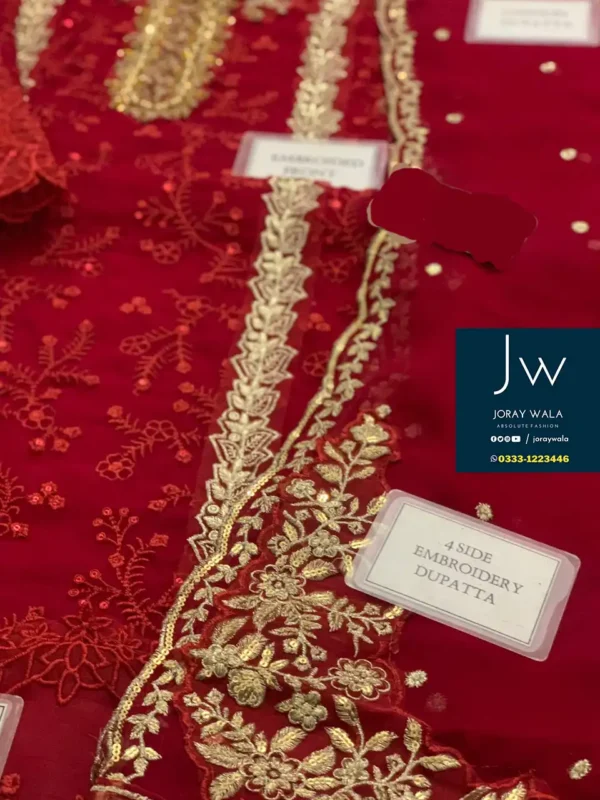 Partywear-fancy-3-pcs-embroidered-Red-Wedding-wear-suit-available-at-@joraywala