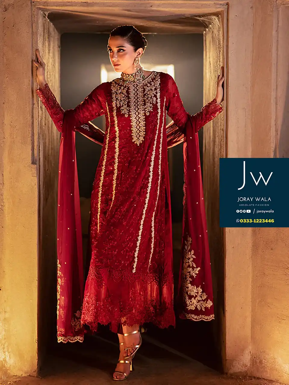 Partywear-fancy-3-pcs-embroidered-Red-Wedding-wear-suit-available-at-@joraywala
