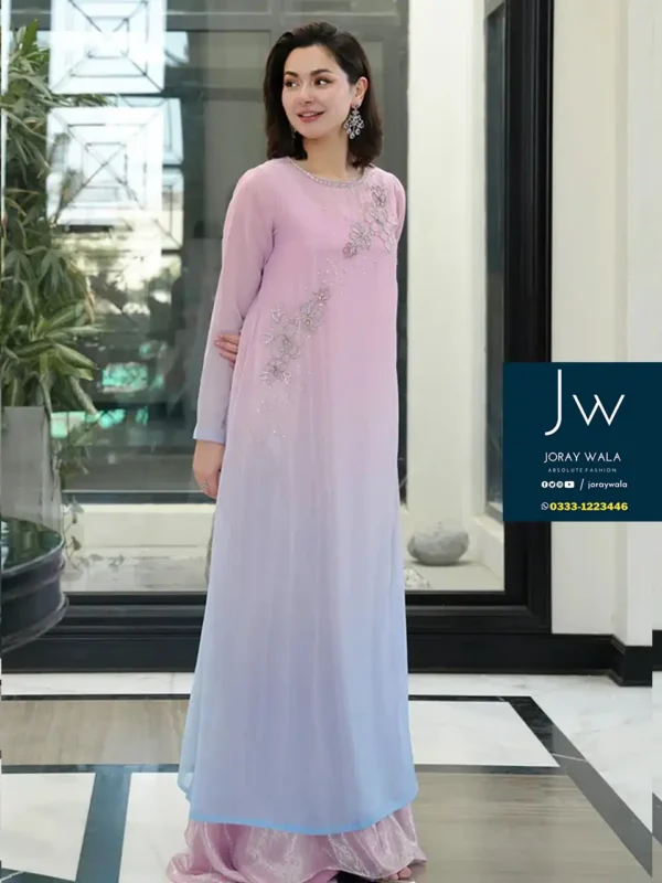Partywear fancy multi shaded 3 pcs suit with zari work available at joraywala