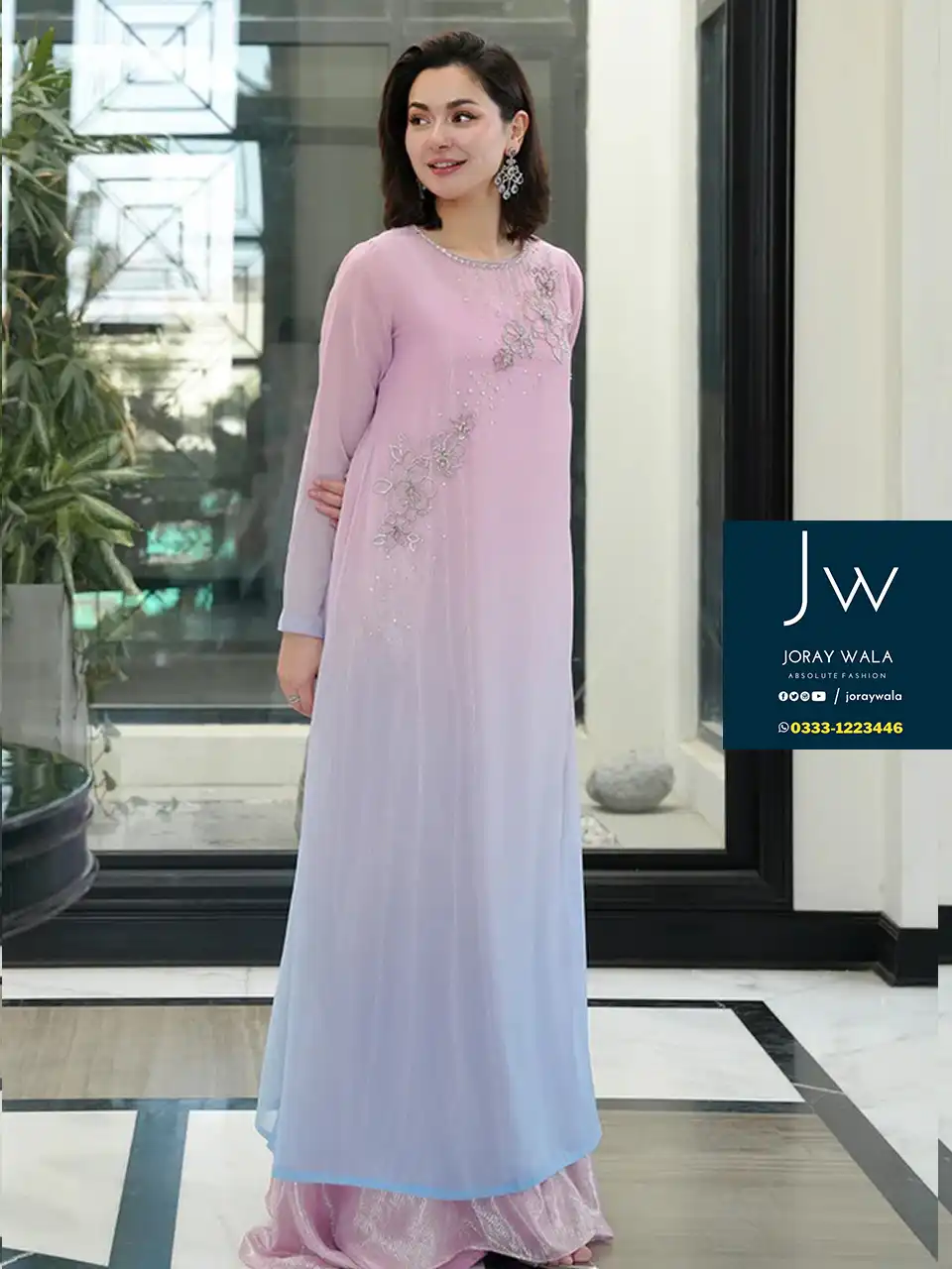 Partywear fancy multi shaded 3 pcs suit with zari work available at joraywala
