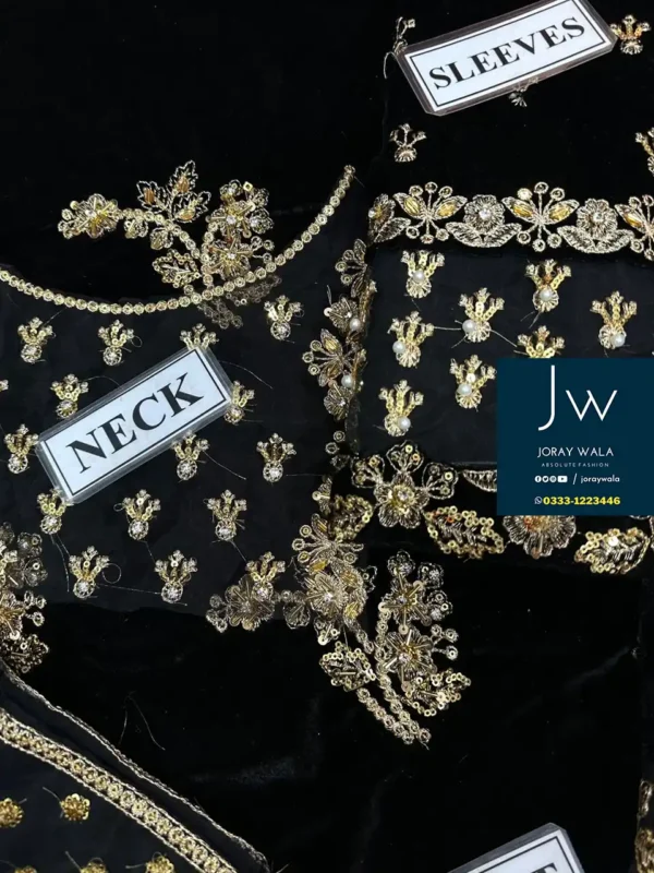 Partywear fancy velvet 3 pcs suit Black embroidery with fancy dupatta available at joraywala