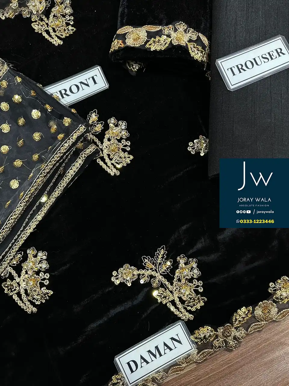 Partywear fancy velvet 3 pcs suit Black embroidery with fancy dupatta available at joraywala
