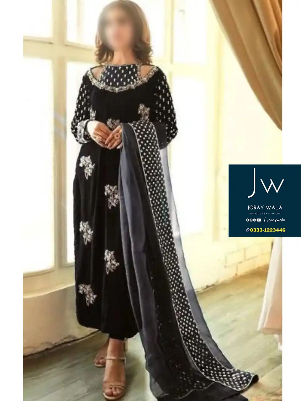 Partywear fancy velvet 3 pcs suit Black embroidery with fancy dupatta available at joraywala