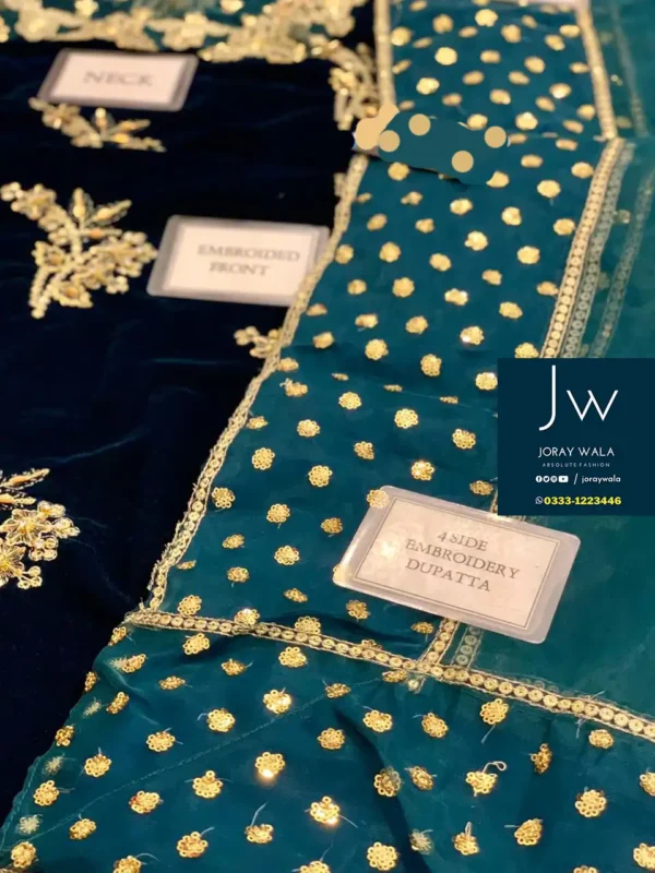 Partywear fancy velvet 3 pcs suit Blue embroidery with fancy dupatta