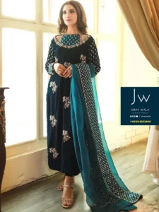 Partywear fancy velvet 3 pcs suit Blue embroidery with fancy dupatta