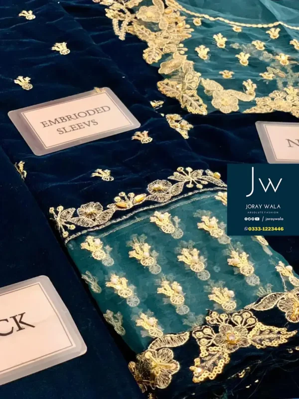 Partywear fancy velvet 3 pcs suit Blue embroidery with fancy dupatta
