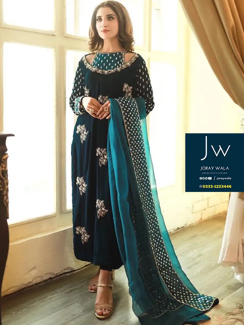 Partywear fancy velvet 3 pcs suit Blue embroidery with fancy dupatta