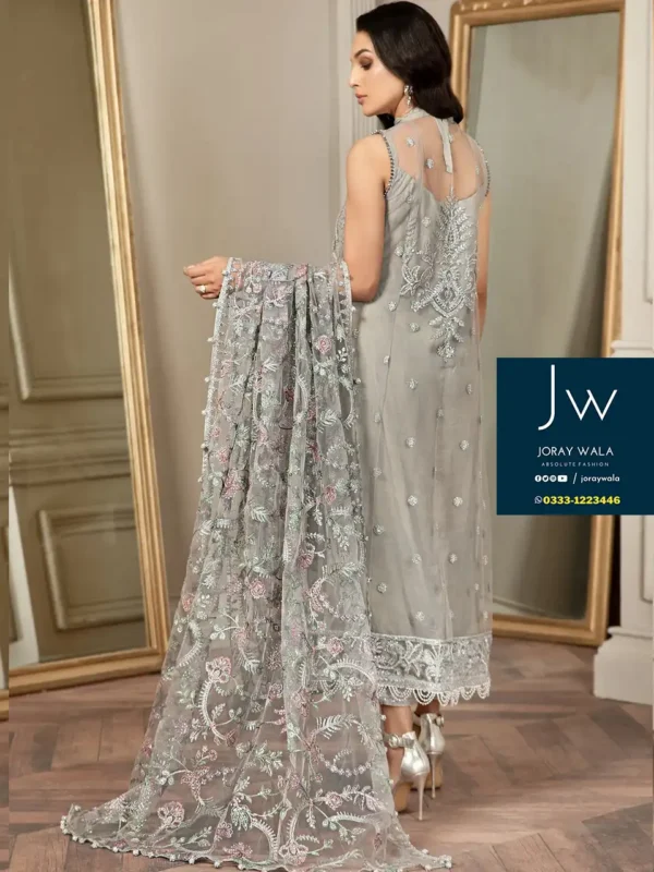 partywear fancy wedding collection silver formal net 3 pcs suit replica
