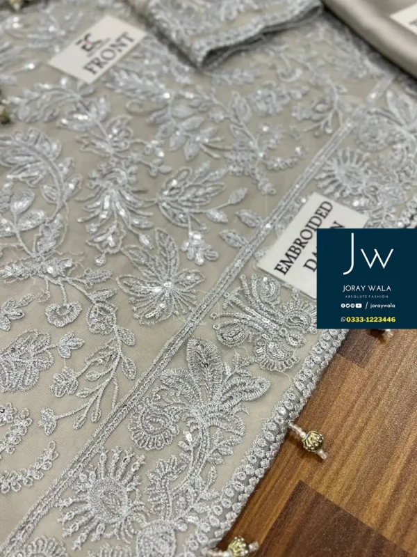 partywear fancy wedding collection silver formal net 3 pcs suit replica